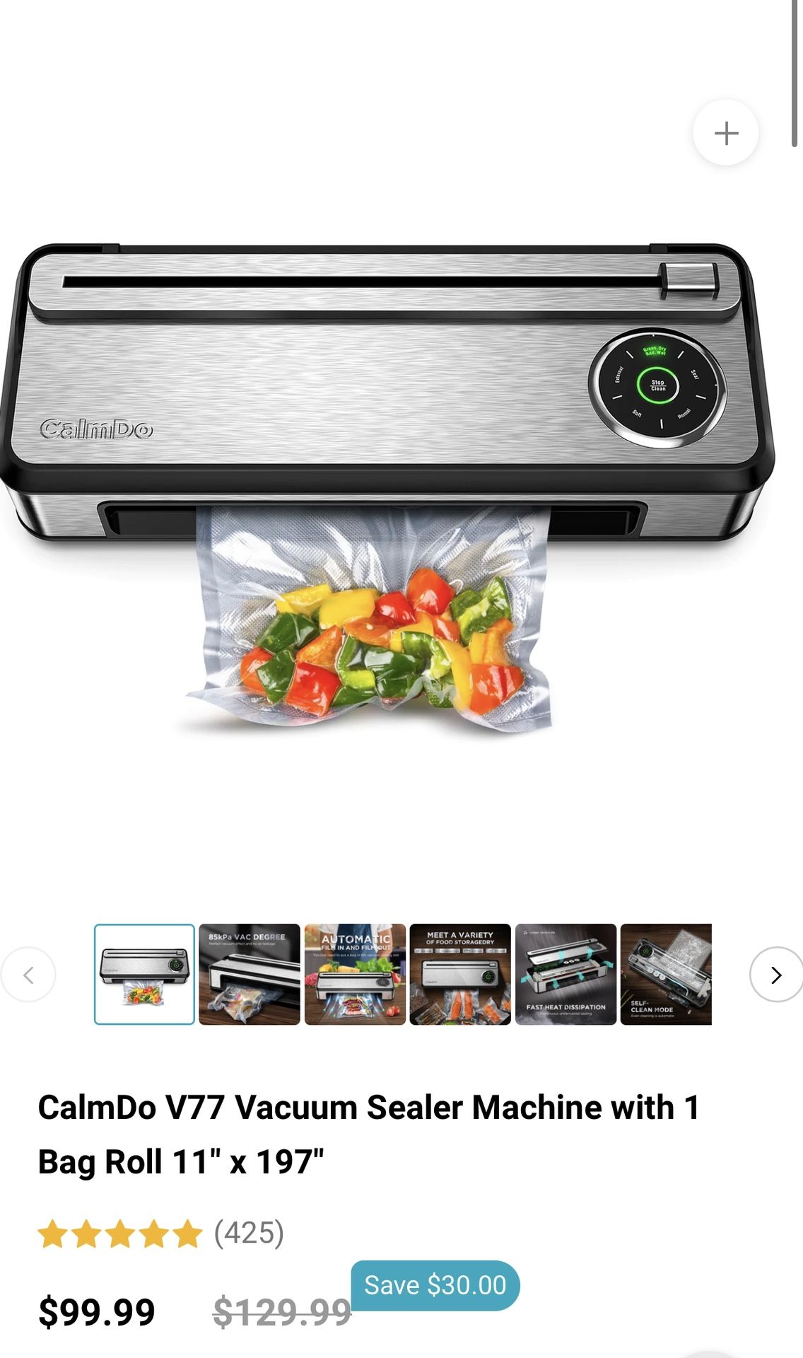 CalmDo V77 Vacuum Sealer Machine with 1 Bag Roll 11" x 197"