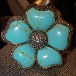 Vintage Sterling Silver 925 Turquoise Flower Statement Bangle Cuff Bracelet