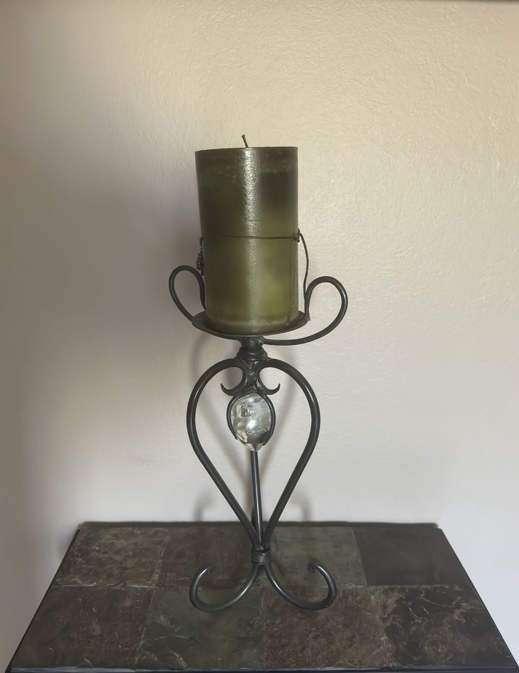 21” Tall Bronze Metal Candle Holder And Pillar Candle