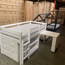 Twin loft bed with desk, bookcase, & chest. Available in white & grey. Assembly required.  Assembly not included.  Tax included.  Free local delivery.