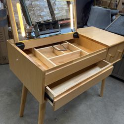 Muwuele Makeup Vanity Table with Mirror and 3 Lighting Modes, 40 Inch Large Dressing Table Set with 4 Drawers, Solid Wood Vanity Desk for Bedroom (Nat