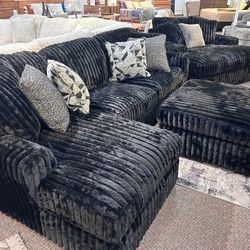 Madness Black Fluffy Corduroy Soft Cozy Sectional Couch 