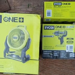 Ryobi 18 Volt Lithium Starter Kit & 18 Volt Brushless 4-Mode 1/2" Impact Wrench & 18 Volt Hybrid 7.5" Fan
