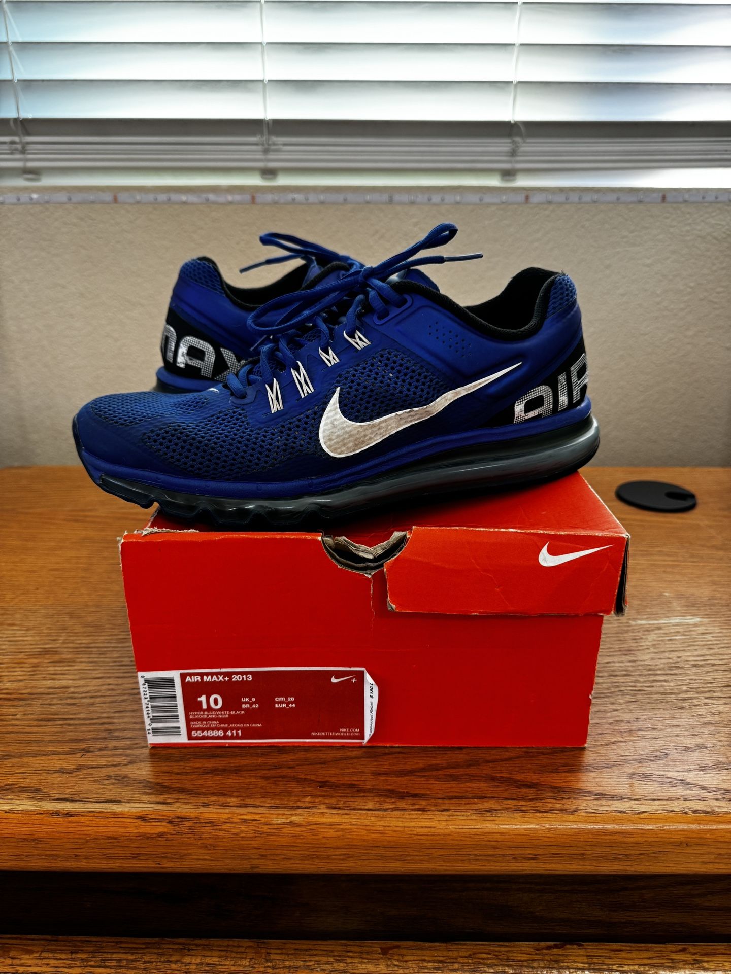 Size 10 Pre Owned Nike Air Max+ 2013 Hyper Blue/White/Black 554886 411