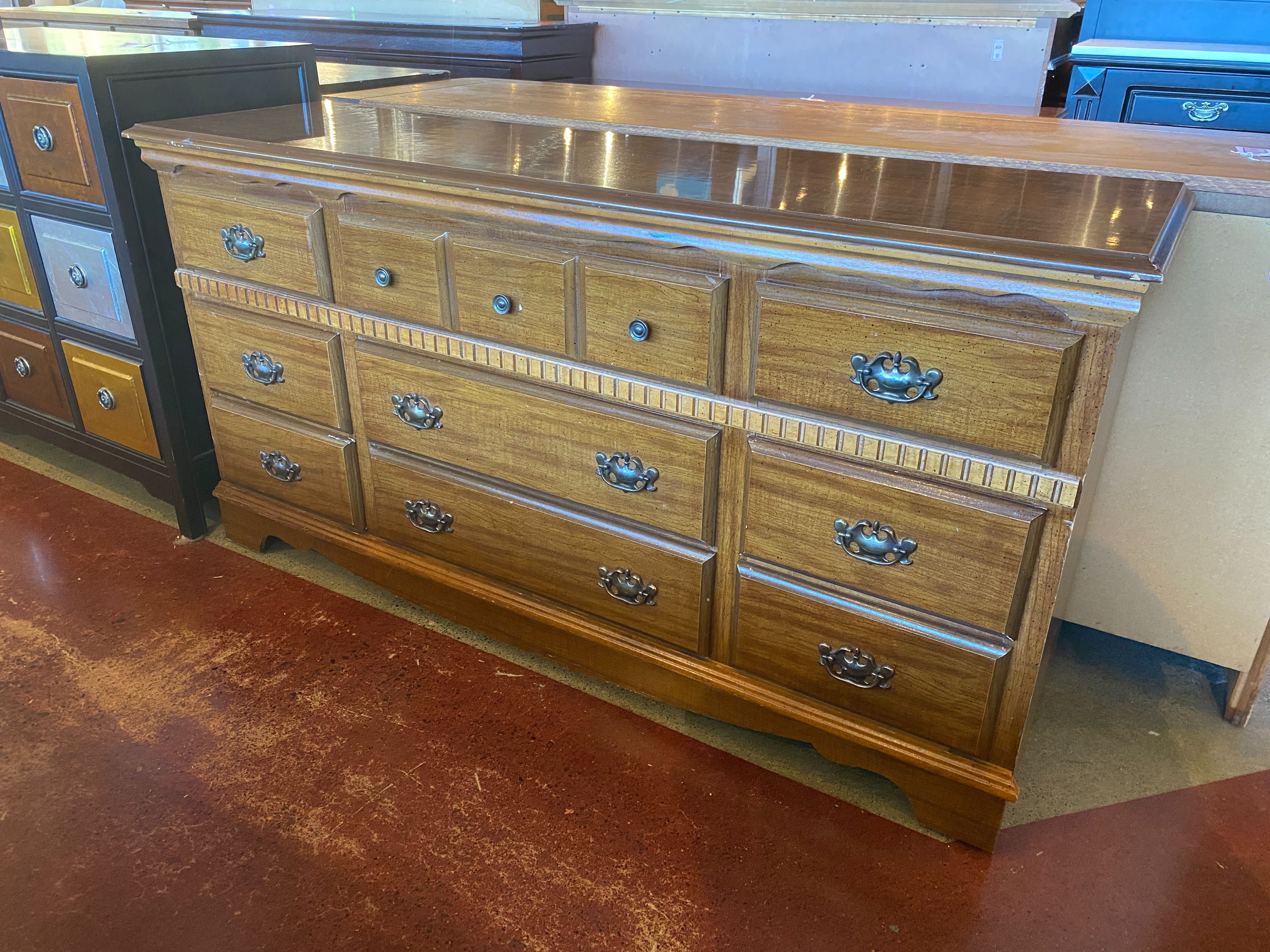 Vintage Wooden Nine Drawer Dresser with Geometric Wooden Carving
