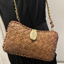 Ronora Brown  Basketweave Handbag With Gold chain Hardware Made In Hong Kong.
