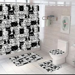4-pcs. Black & White Cat Bathroom Set