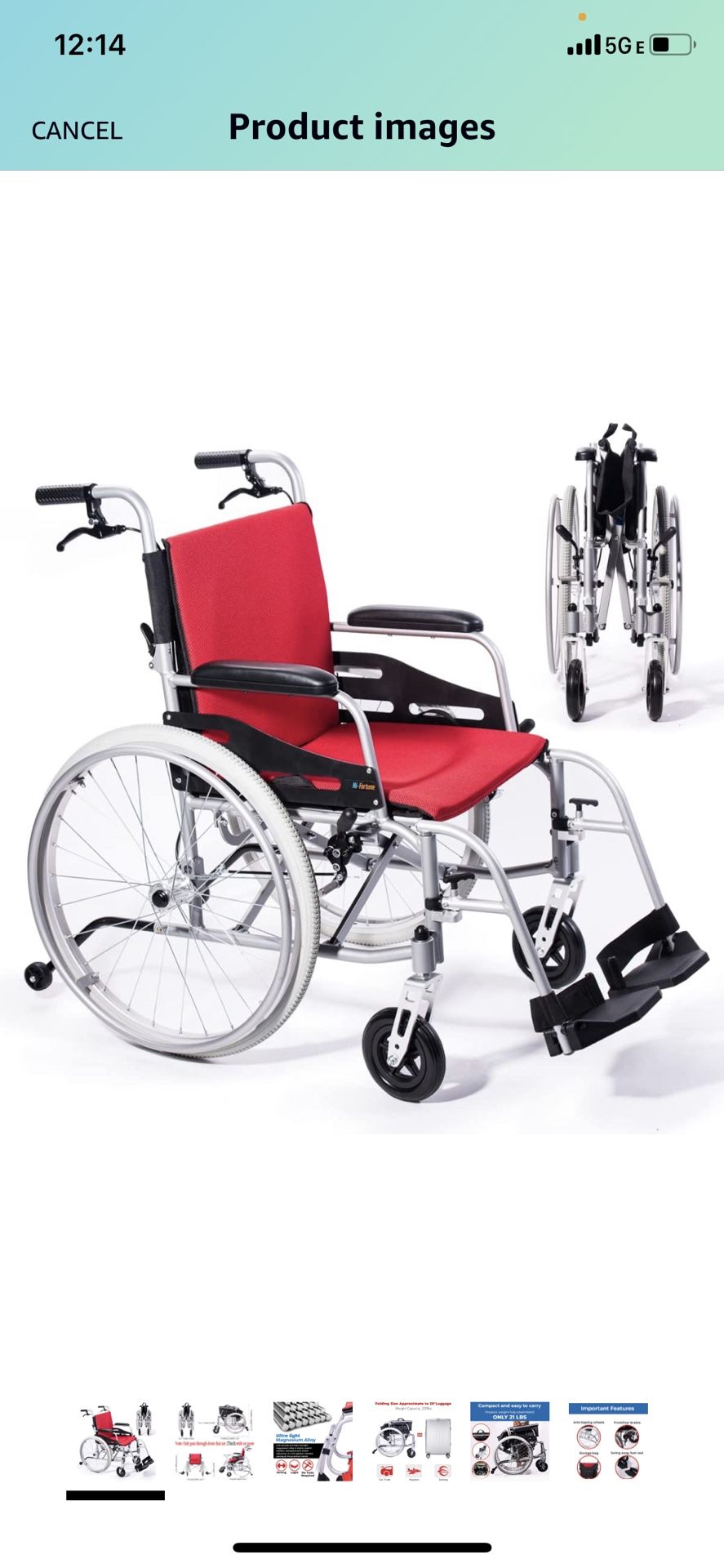 Hi-Fortune Lightweight Wheelchair 21lbs Self-propelled Magnesium Chair with Travel Bag and Cushion, Portable and Folding 17.5” W Seat, Brake, Anti-Tip