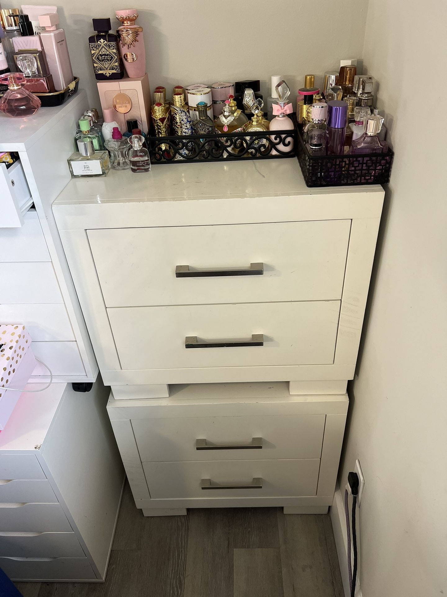 Two White Nightstands With Smooth Drawers & Suede Interior