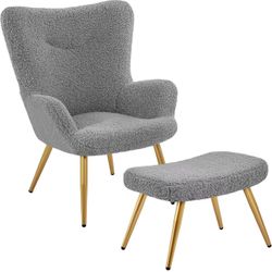 Accent Chair and Ottoman Set, Sherpa Armchair with Golden Metal Legs and High Back, Footstool for Living Room, Lounge, Gray 613775