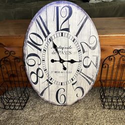 Oval clock, White-Gray-Black Distressed Look  & black Wire Baskets/plant Holder 