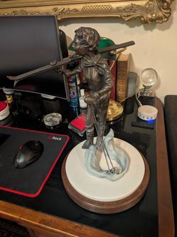 Bronze Skier Figurine Statue on Marble Wood Rotating Base