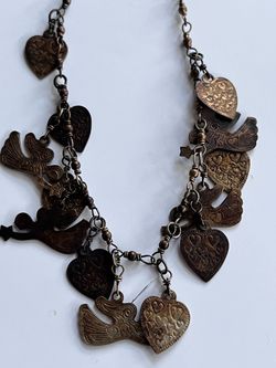 Copper Tone Heart and Bird Charm Necklace