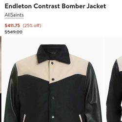 All Saints Men's Bomber Jacket -leather Size large New With Tags 