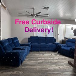 Free Curbside Delivery! Royal Blue Electric Three Piece Sofa Couch Set