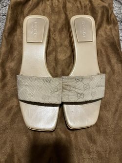 GUCCI Monogram Beige Canvas Wood Sole Slide Sandals