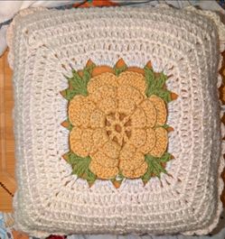 Vintage Crochet Square Pillow Yellow Flower Rose