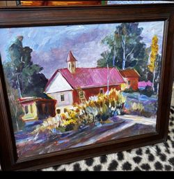 Original Signed Colorful Painting Landscape Church Expressionist, Vtg Wood Frame