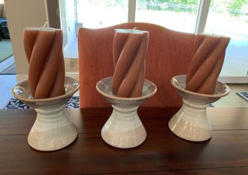 Antique Farmhouse Stoneware Rustic Pillar Candle Holders w/Handle