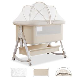 4 in 1 Baby Bassinet Bedside Sleeper, Rocking Bassinets with Wheels and Comfy Mattress, 6 Height Adjustable Easy Folding Portable Bedside Crib for New