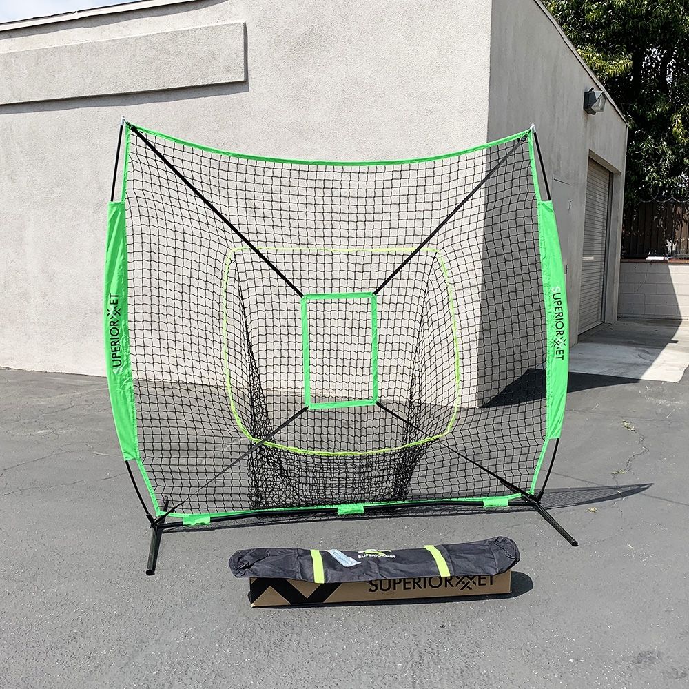 (NEW) $50 Baseball and Softball Practice Net Hitting and Pitching 7’x7’ with Bow Frame 