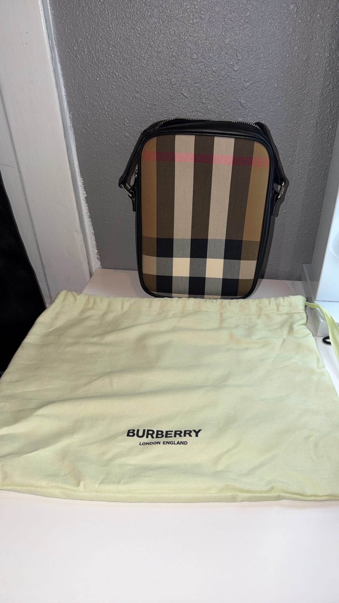 Burberry Paddy Crossbody IP Check Bag, Beige with black leather NWT