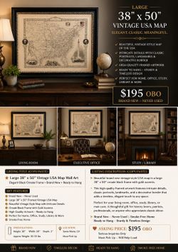 Brand New Large 38x50 Vintage USA Map Framed Art - Office / Man Cave Decor - $195