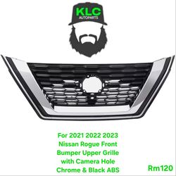 For 2021 2022 2023 Nissan Rogue Front Bumper Upper Grille with Camera Hole Chrome & Black ABS