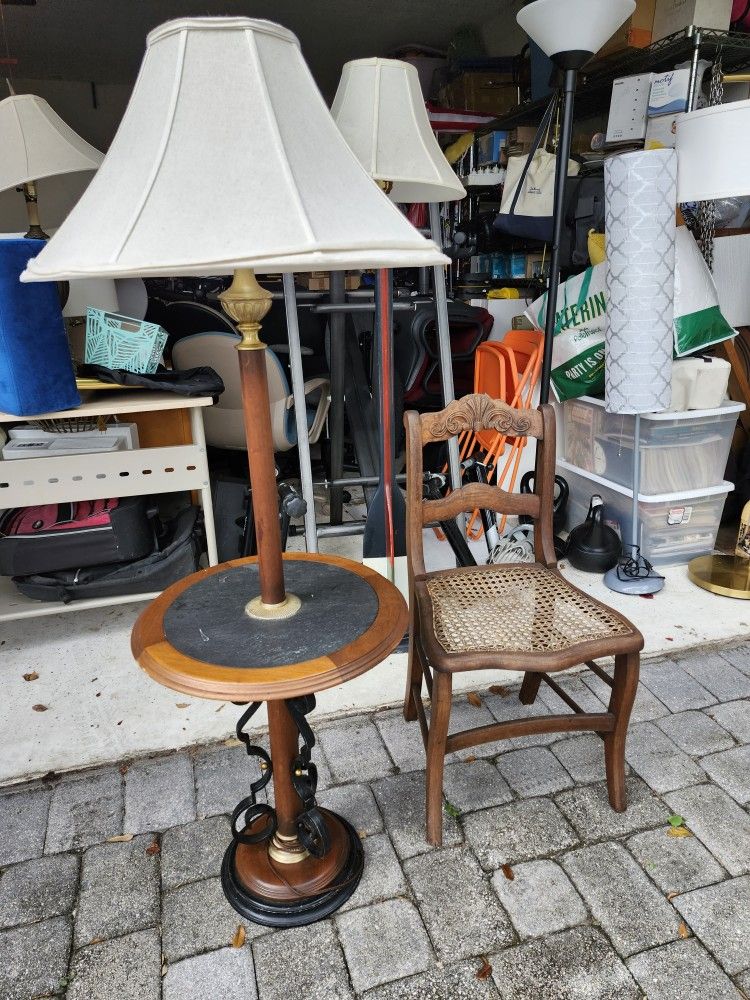 Vintage 100-year-old Cane Chair Antique And Floor Standing Lamp Built-in Table