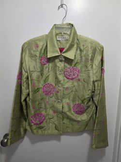 Tunique Nights Silk Womens Beaded Floral  Jacket Vintage Size Small