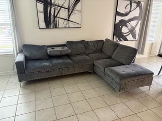 Gray Velvet Sectional Sofa with Chaise