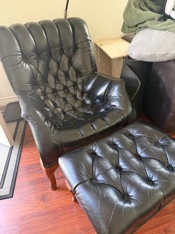 Black Leather Tufted Wingback Chair with Ottoman