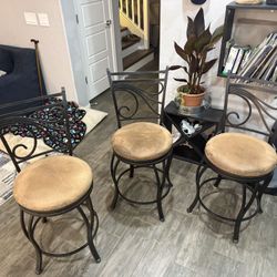  Barstools - 3 Rod Iron Swiveling Barstools Leather