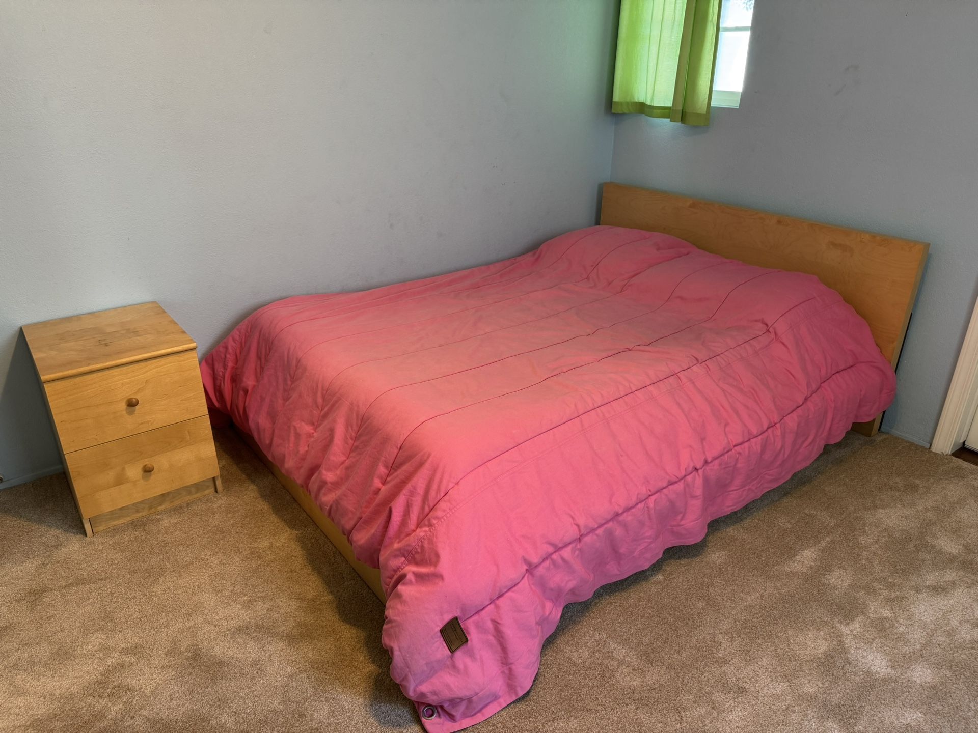 Full Size Wood Frame, Mattress, and End Table