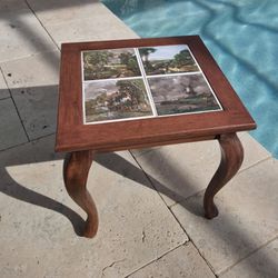 Vtg Wooden & Painted Tiles Plant Stand 11"X11.5" Beautiful Art On Tiles