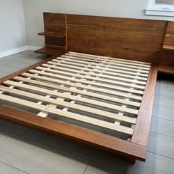 CB2 Wood Bed Frame And Side Table Set