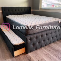 Full/Twin Grey Tufted Trundle Bed W  Mattresses
