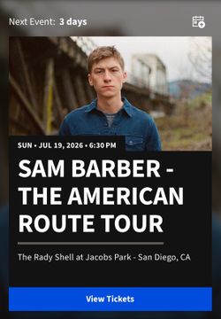 2 Sam Barber VIP Tickets, Rady Shell, Sunday 7/19