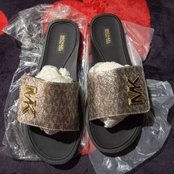 Michael Kors Logo MK Slides Gold With Siver Limited Edition New Size 9W 