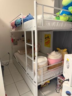 White Metal Twin Bunk Bed Frame and Mattresses