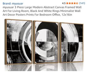 myusuar 3 Piece Large Modern Abstract Canvas Framed Wall Art For Living Room, Black And White Rings Minimalist Wall Art Decor Posters Prints For Bedro