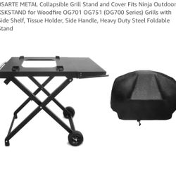 New BARTE METAL Collapsible Grill Steel Stand and Cover Fits Ninja Outdoor XSKSTAND for Woodfire OG700 Series Grills with Side Shelf, Heavy Duty Folda