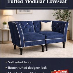 Modern Navy Velvet Tufted Modular Loveseat (2-Piece)