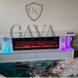 TV Stand Nuevos En Caja Multi Color Fire Electric Fire Place Bluetooth Speaker Wireless Charger Heat Side Lights Also Changes To Multicolor