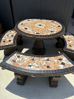 Concrete Patio Table with 3 Benches