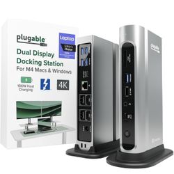 Plugable Base Thunderbolt 4 16 en 1: monitores 4K duales para MacBook Air/Pro M4/M5, carga de 100 W, 2 HDMI, 2 puertos DisplayPort, Ethernet 2.5G, 7 U