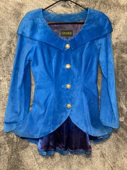 Danier Vintage Royal blue Suede Button Up Collared Jacket Blazer & Skirt Size small