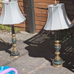 Vintage Brass And Green Marble Table Lamps