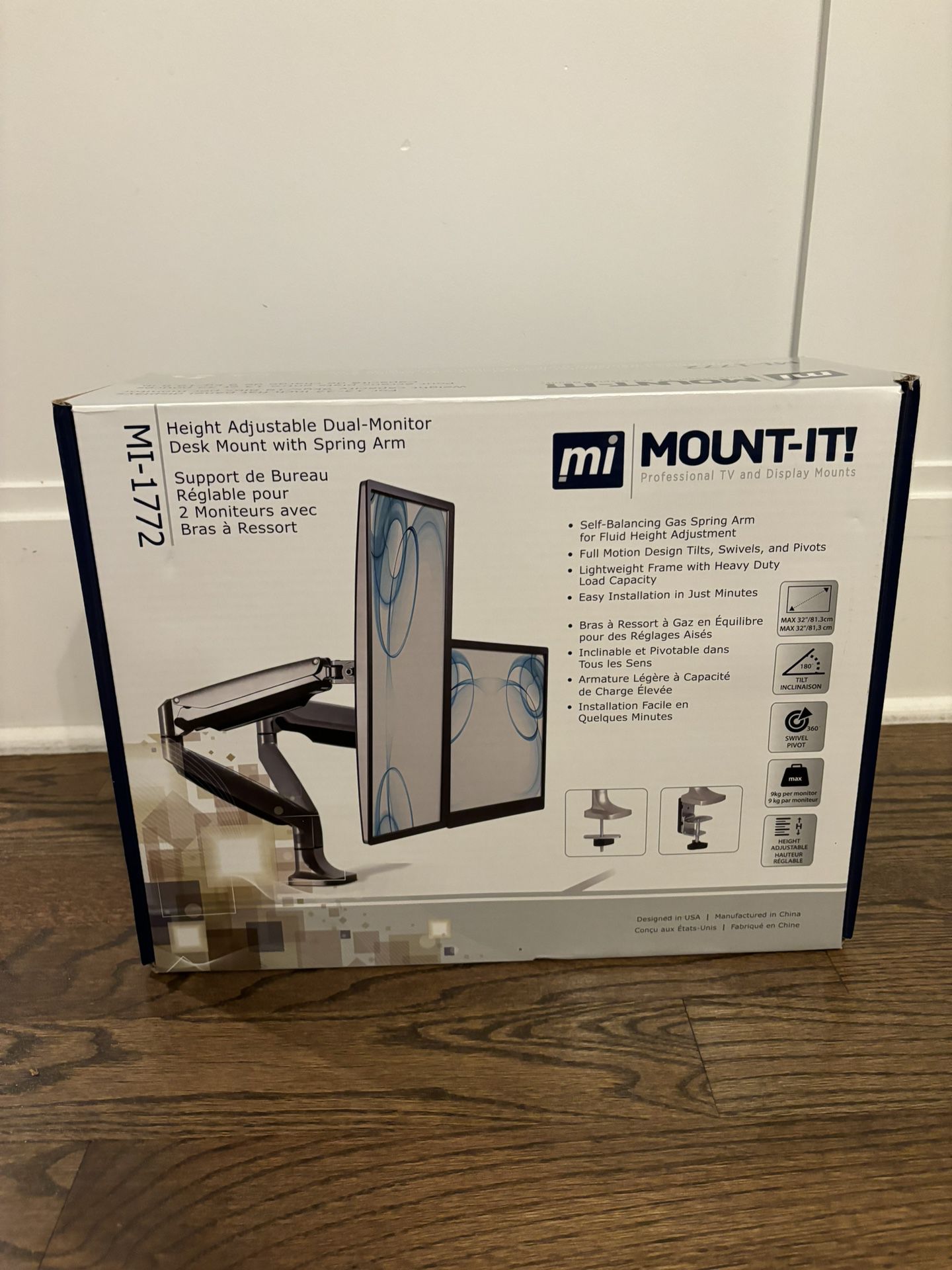 Mount-It. Dual Monitor Arm Mount Desk Stand Two Articulating Gas Spring Height Adjustable Arms | Fits Up To 32" | C-Clamp and Grommet Bases | Silver