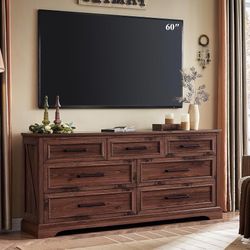 7 Drawer Dresser, Farmhouse Chest of Drawers for Bedroom, 52" Wide Dresser TV Stand with Large Metal Handles, Wood Drawer Organizer for Liv
